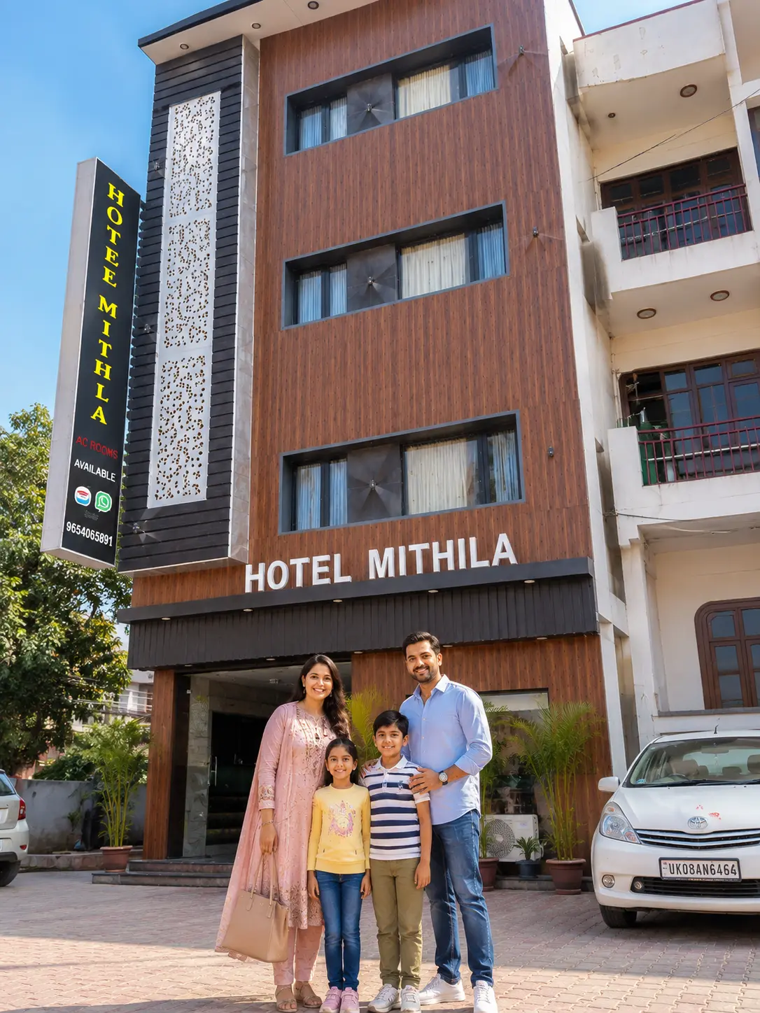 Family arriving at Hotel Mithila, a family-friendly hotel in Haridwar